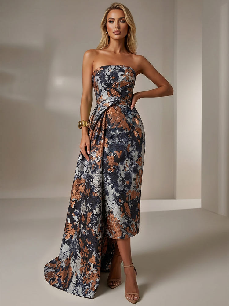 Jacquard Sheath Strapless Cocktail Dresses with Sash
