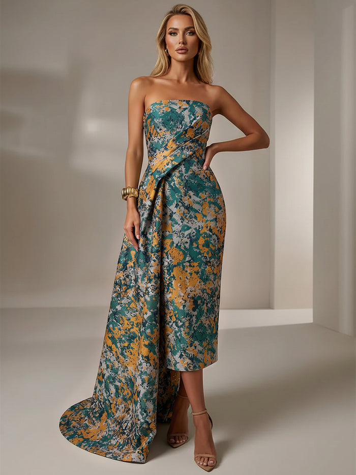 Elegant Empire Jacquard Tea Length Cocktail Dresses with Sash