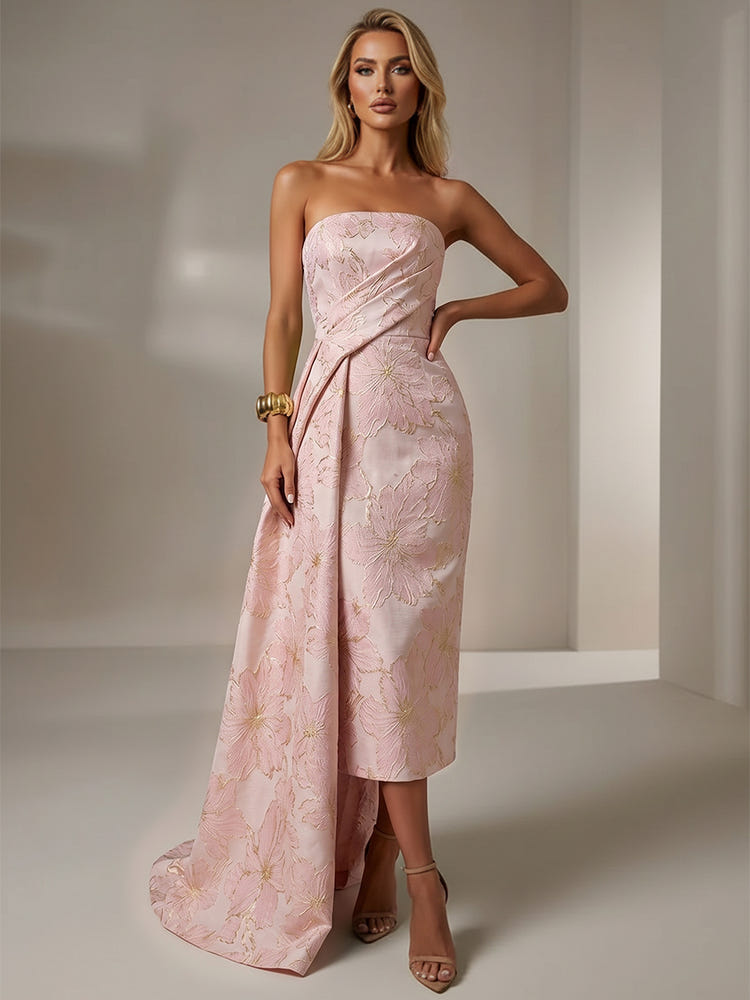 Jacquard Sheath Strapless Cocktail Dresses with Sash