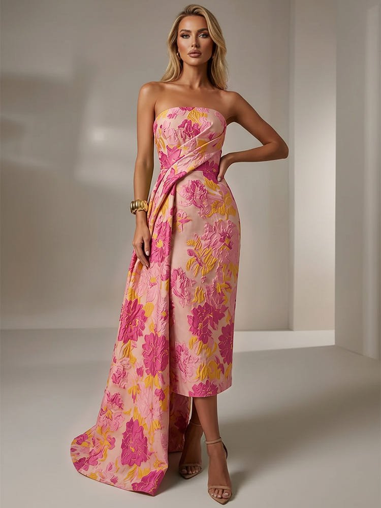 Jacquard Sheath Strapless Cocktail Dresses with Sash