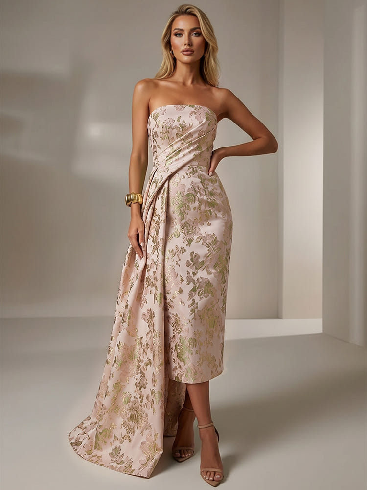 Jacquard Sheath Strapless Cocktail Dresses with Sash