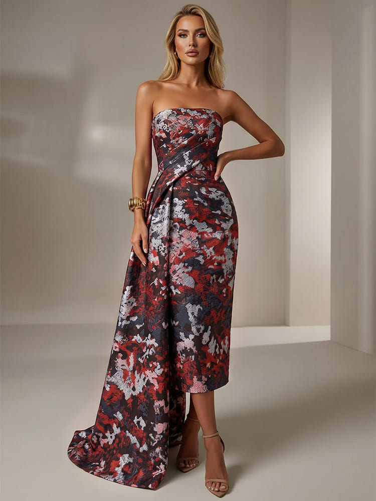 Jacquard Sheath Strapless Cocktail Dresses with Sash