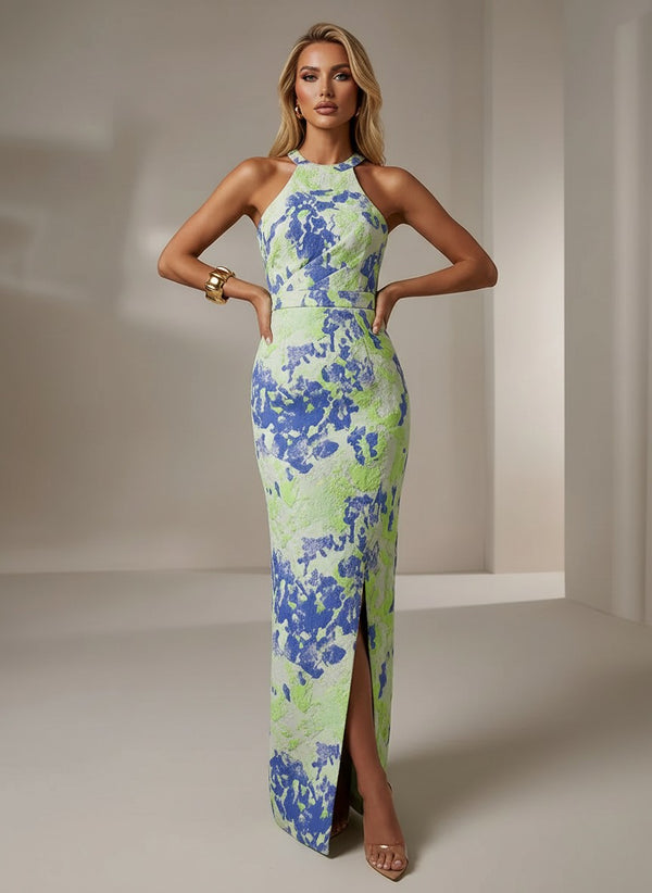 Jacquard Sheath Halter Formal Dresses with Side Slit