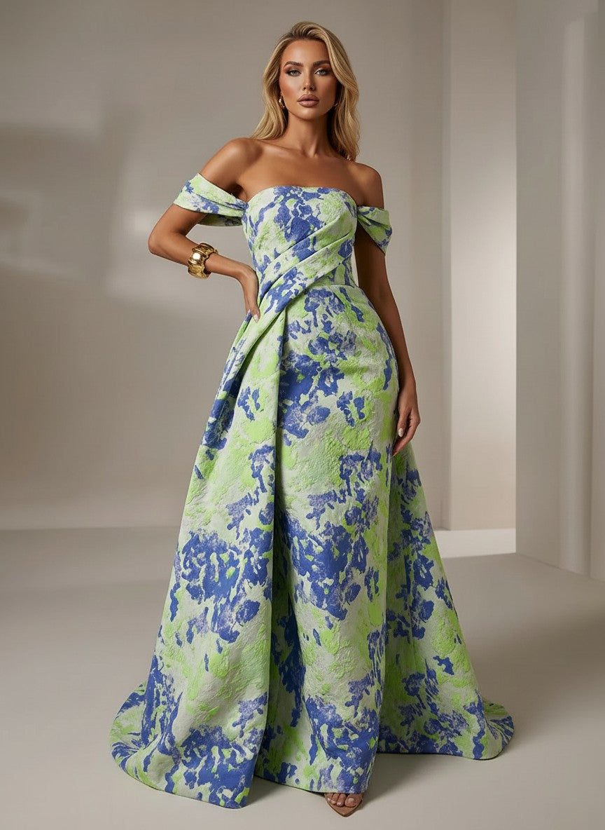 Jacquard A-Line Off the Shoulder Pleated Formal Dresses