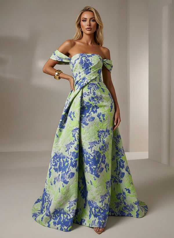 Jacquard A-Line Off the Shoulder Pleated Formal Dresses