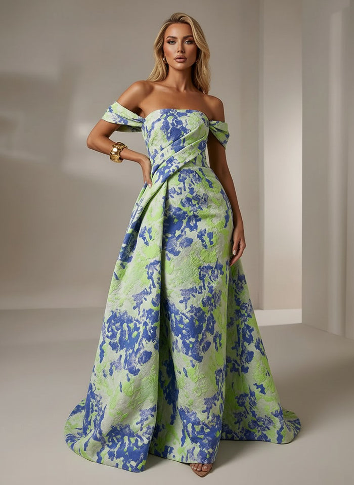 Jacquard A-Line Off the Shoulder Pleated Formal Dresses