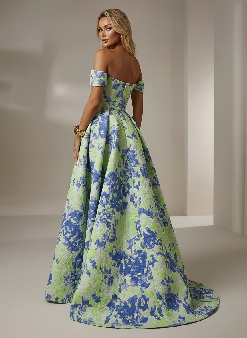 Jacquard A-Line Off the Shoulder Pleated Formal Dresses