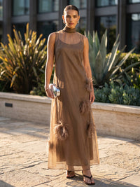 Tulle A-Line High Neck Formal Dresses with Feathers