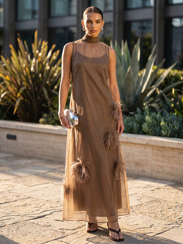 Tulle A-Line High Neck Formal Dresses with Feathers