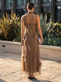 Tulle A-Line High Neck Formal Dresses with Feathers