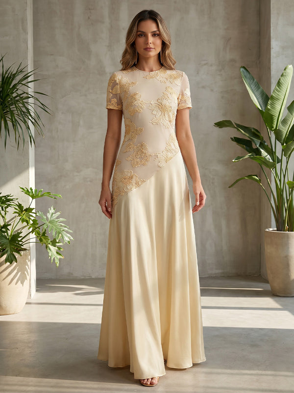 Chiffon A-Line Crew Neck Formal Dresses with Lace Applique