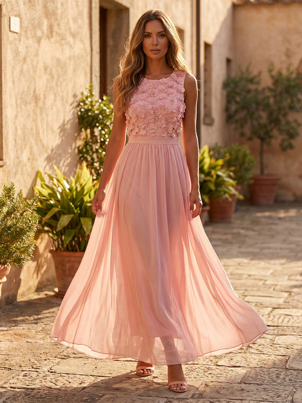 Chiffon A-Line U-Neck Formal Dresses with 3D Flowers