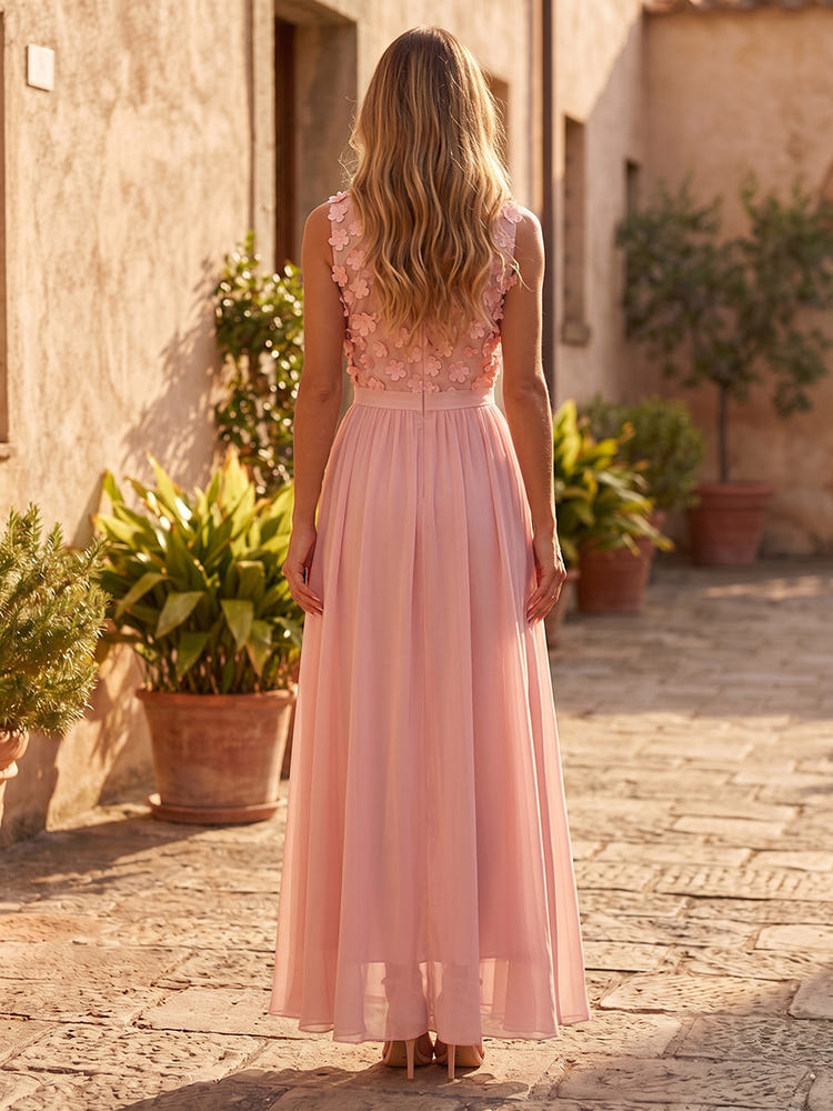 Chiffon A-Line U-Neck Formal Dresses with 3D Flowers