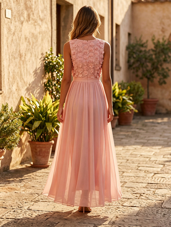 Chiffon A-Line U-Neck Formal Dresses with 3D Flowers