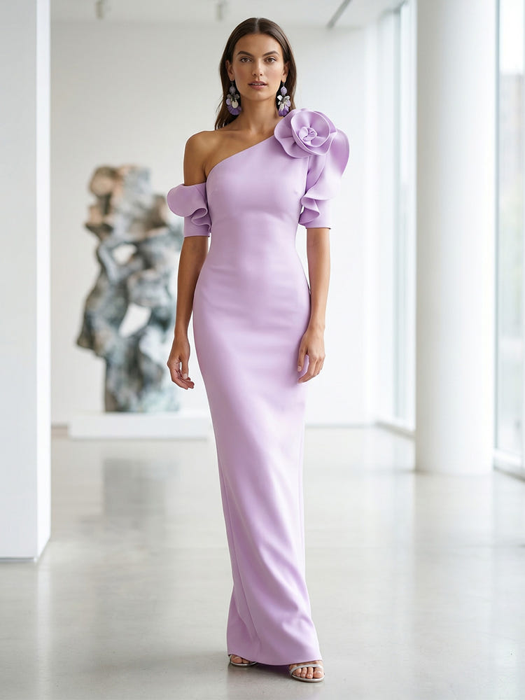 Satin Mermaid One Shoulder Formal Dresses with 3D Flowers