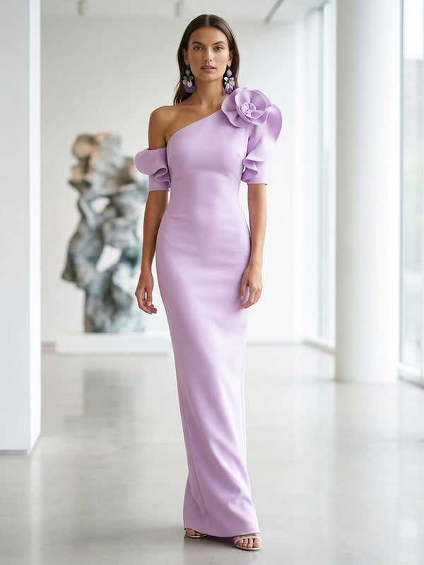 Satin Mermaid One Shoulder Formal Dresses with 3D Flowers