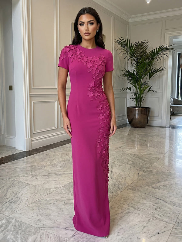 Jersey Sheath Crew Neck Formal Dresses with 3D Flowers