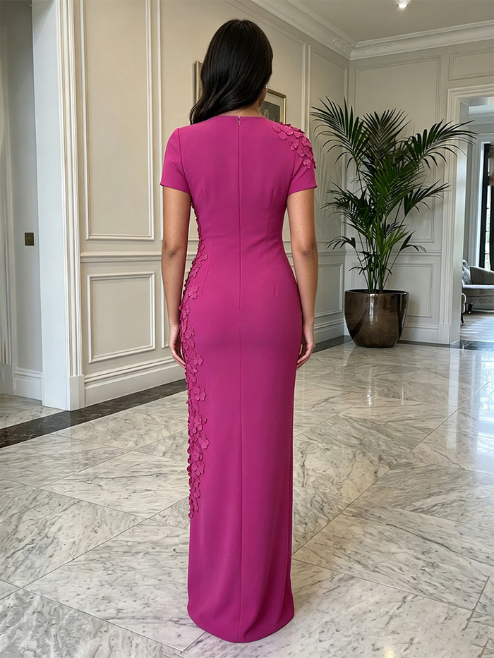 Jersey Sheath Crew Neck Formal Dresses with 3D Flowers