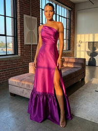 Satin A-Line One Shoulder Formal Dresses with Side Slit