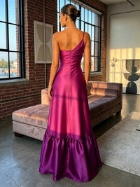 Satin A-Line One Shoulder Formal Dresses with Side Slit