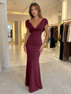 Jersey Mermaid V Neck Formal Dresses with Caps
