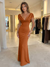 Jersey Mermaid V Neck Formal Dresses with Caps