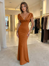 Jersey Mermaid V Neck Formal Dresses with Caps