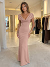 Jersey Mermaid V Neck Formal Dresses with Caps