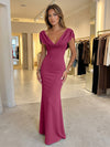 Jersey Mermaid V Neck Formal Dresses with Caps