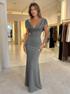 Jersey Mermaid V Neck Formal Dresses with Caps