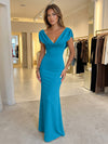 Jersey Mermaid V Neck Formal Dresses with Caps