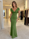 Jersey Mermaid V Neck Formal Dresses with Caps