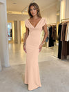 Jersey Mermaid V Neck Formal Dresses with Caps