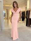 Jersey Mermaid V Neck Formal Dresses with Caps