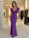 Jersey Mermaid V Neck Formal Dresses with Caps