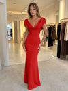Jersey Mermaid V Neck Formal Dresses with Caps