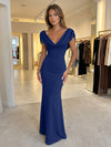 Jersey Mermaid V Neck Formal Dresses with Caps