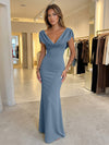 Jersey Mermaid V Neck Formal Dresses with Caps