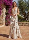 A-Line Jacquard V Neck Formal Dresses with Ruffles