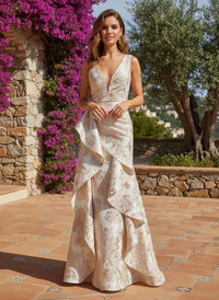 A-Line Jacquard V Neck Formal Dresses with Ruffles