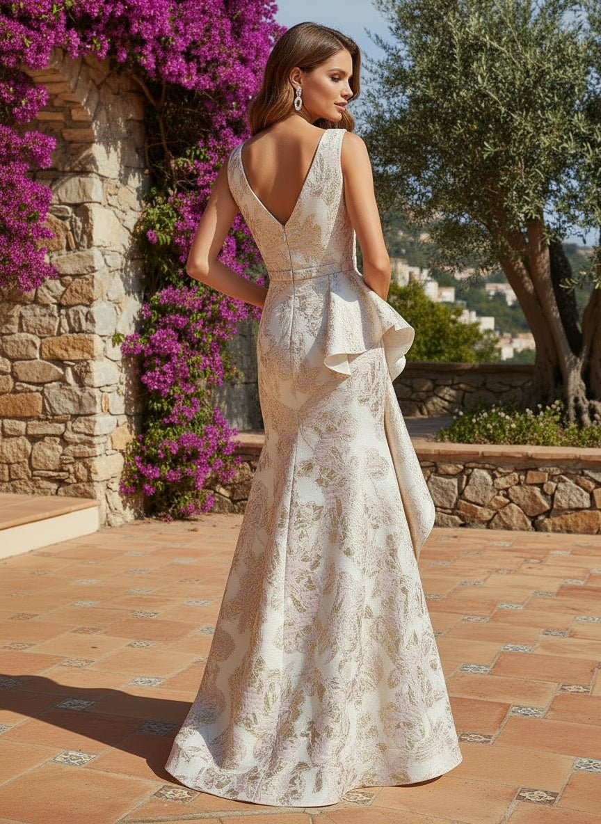 A-Line Jacquard V Neck Formal Dresses with Ruffles