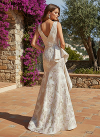 A-Line Jacquard V Neck Formal Dresses with Ruffles