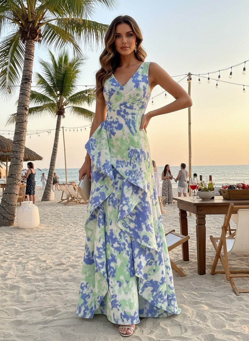 A-Line Jacquard V Neck Formal Dresses with Ruffles