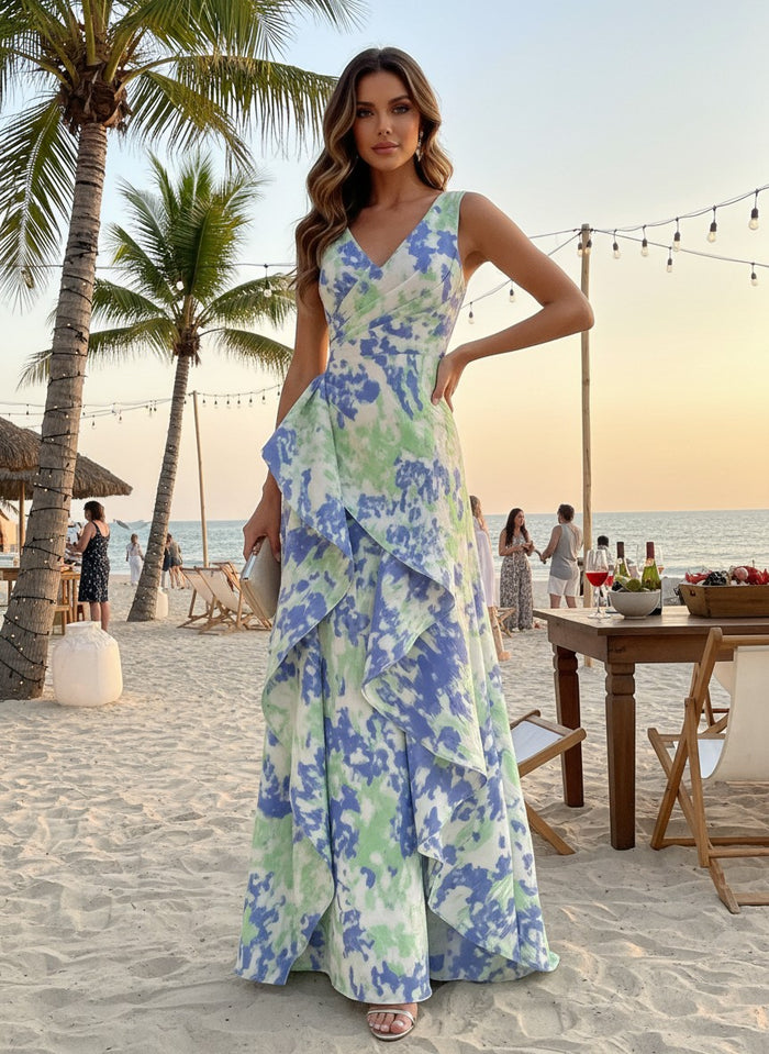 A-Line Jacquard V Neck Formal Dresses with Ruffles
