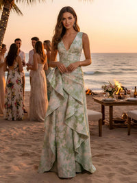 A-Line Jacquard V Neck Formal Dresses with Ruffles
