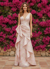A-Line Jacquard V Neck Formal Dresses with Ruffles