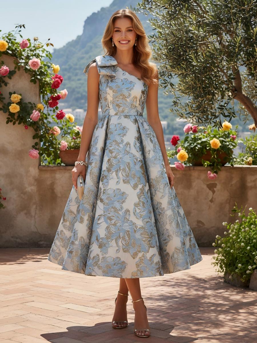 A-Line One Shoulder Jacquard Formal Dresses with Bow