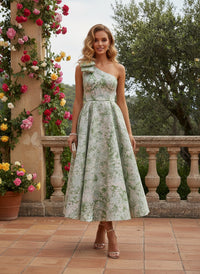 A-Line One Shoulder Jacquard Formal Dresses with Bow