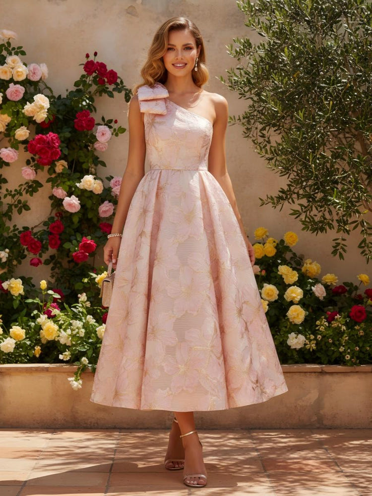 A-Line One Shoulder Jacquard Cocktail Dresses with Bow