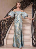 Jacquard Sheath Off the Shoulder Formal Dresses with Side Slit